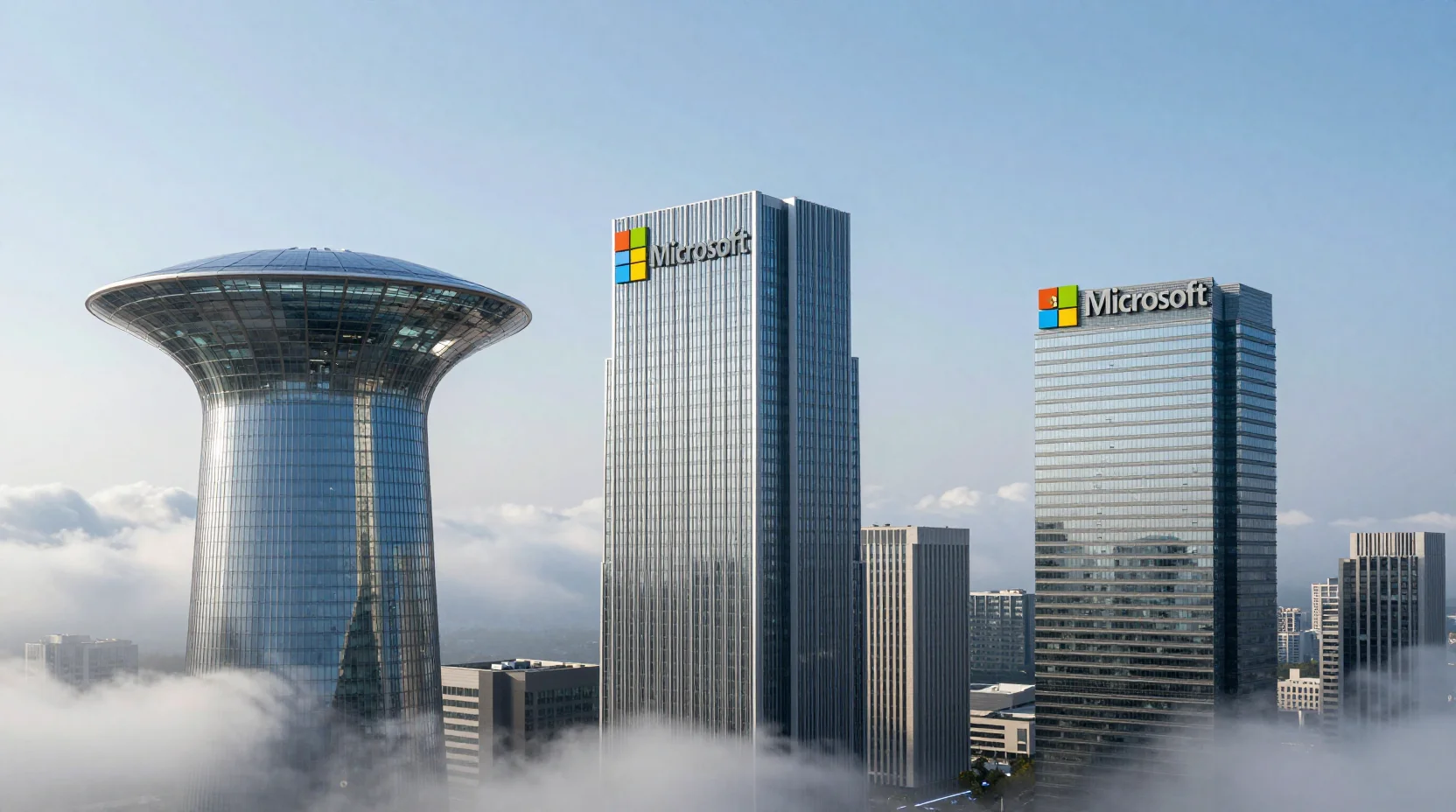 Three corporate headquarters towers reaching into the clouds, symbolizing the market cap leadership race