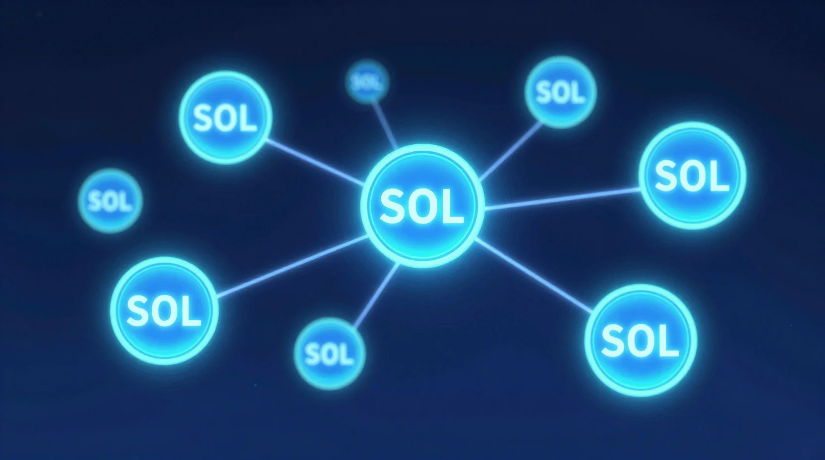 Solana blockchain network visualization with interconnected tokens and data streams