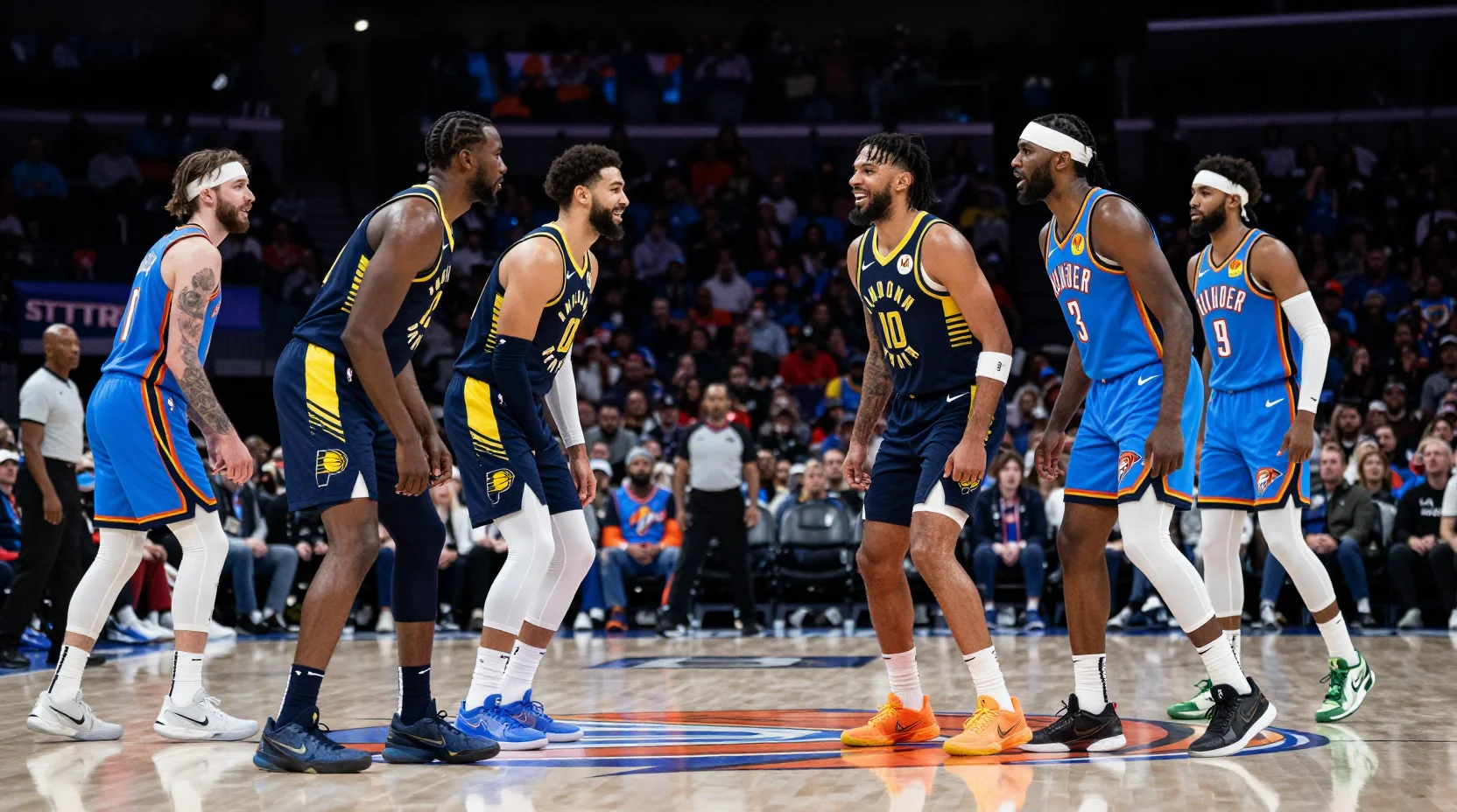 NBA arena scene showing Pacers vs Thunder matchup