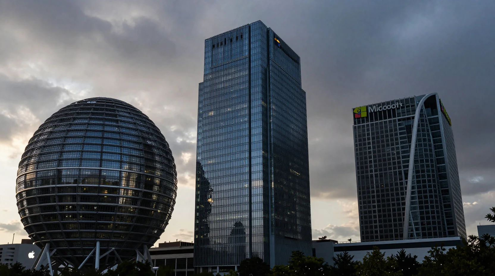 Three corporate headquarters buildings representing Apple, Microsoft, and NVIDIA competing for market cap leadership