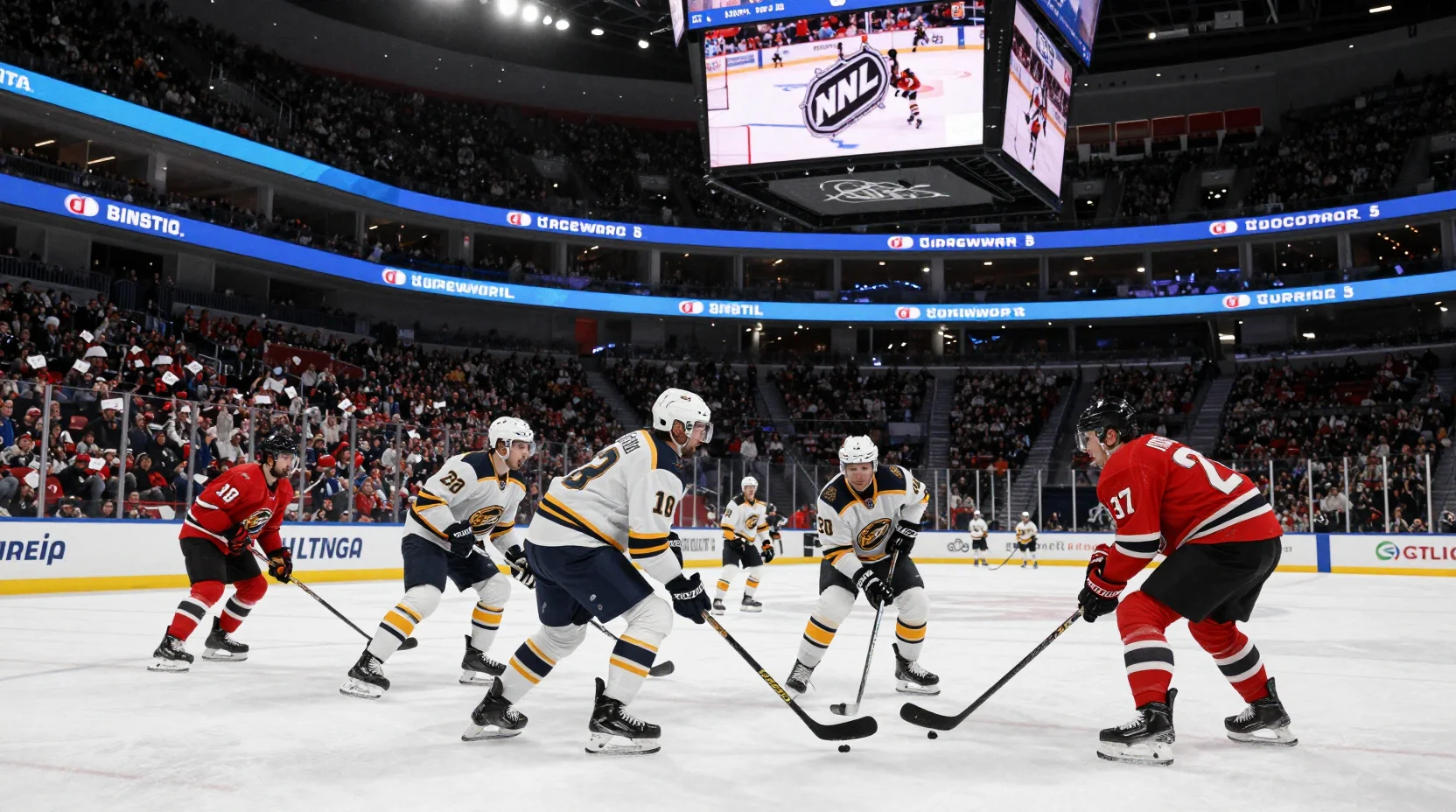 Intense NHL hockey game moment with two teams clashing on the ice