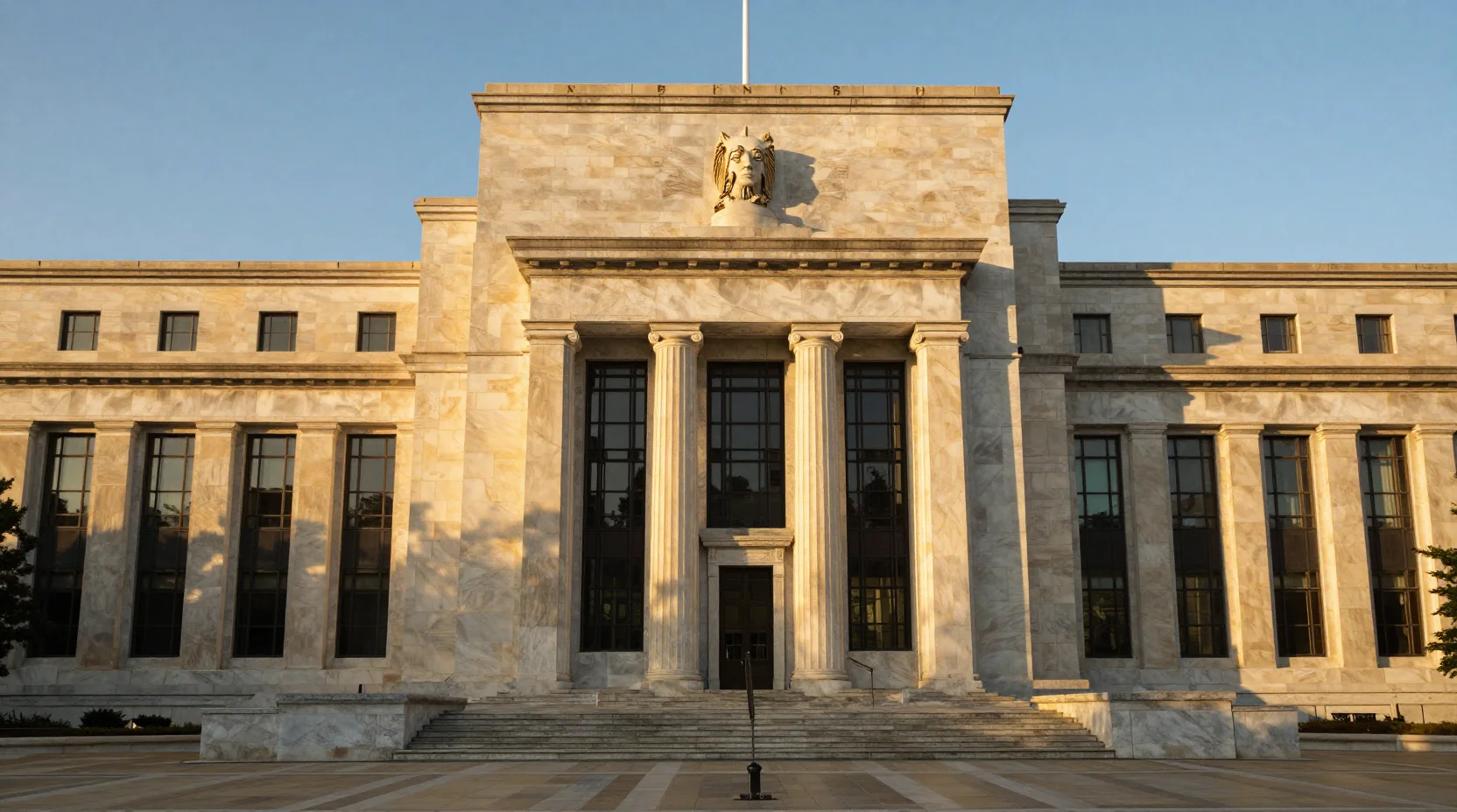 Federal Reserve building at golden hour with holographic market prediction data visualization