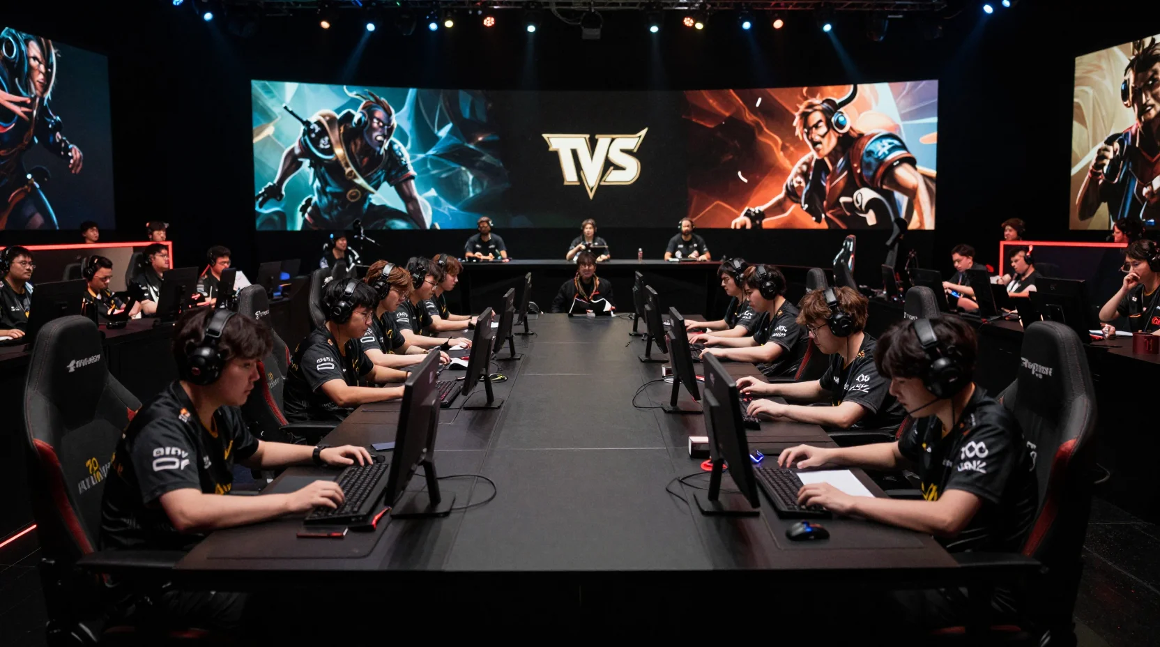 Dramatic esports arena scene showing two League of Legends teams facing off under dramatic lighting