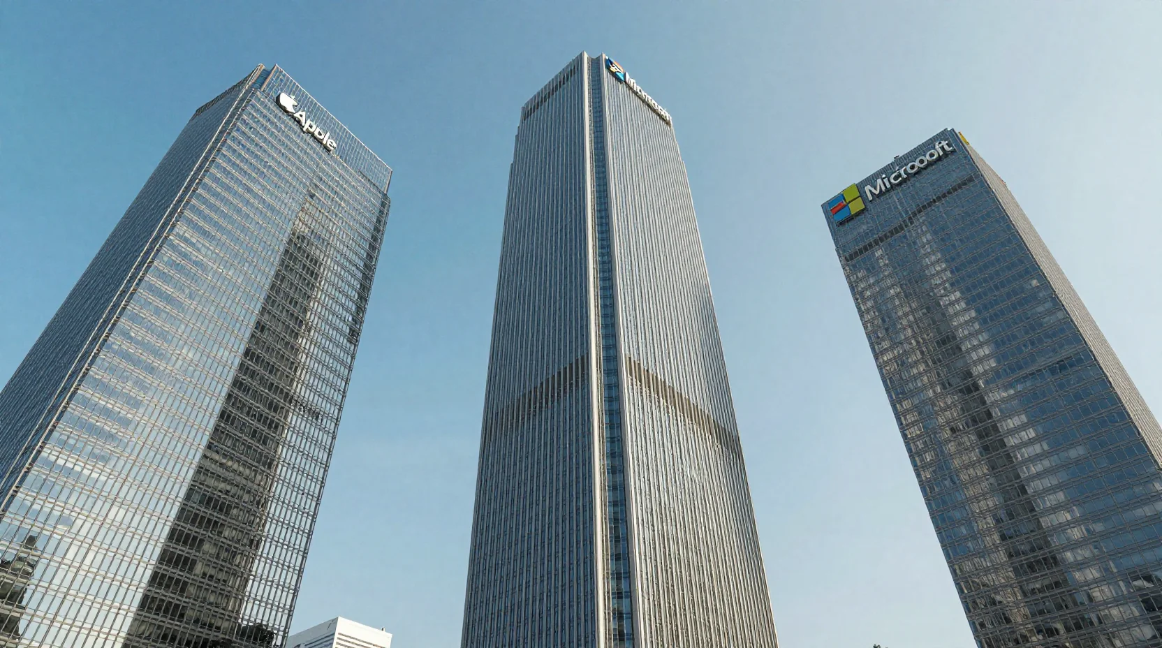 Three corporate towers representing Apple, Microsoft, and NVIDIA competing for market cap leadership