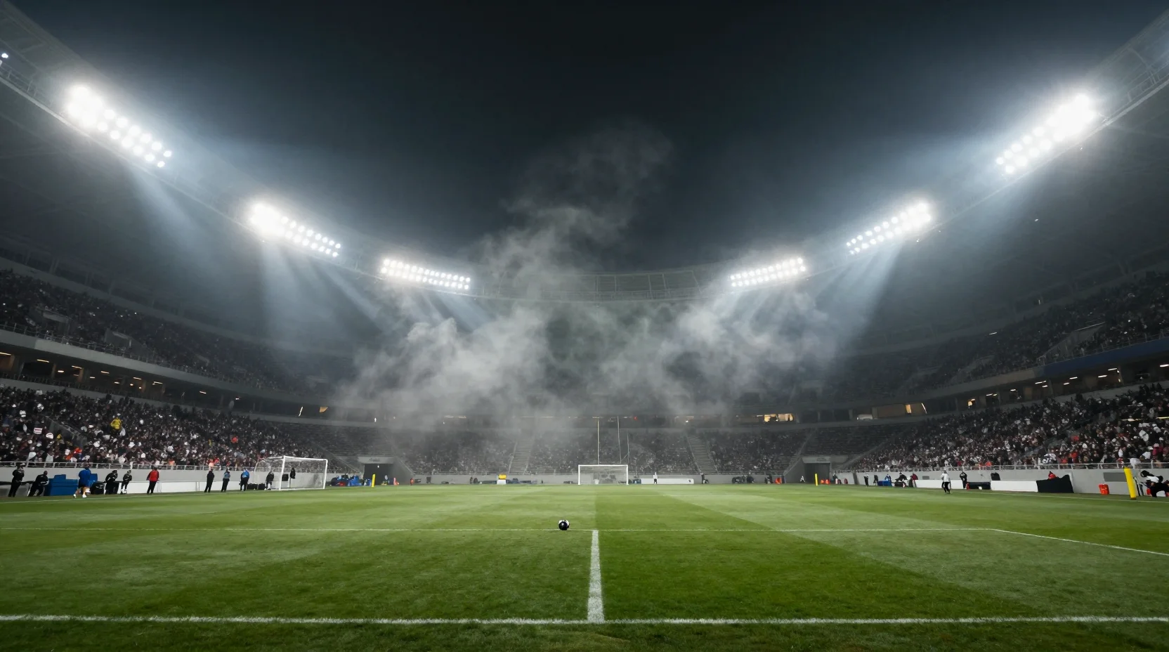 Dramatic nighttime football stadium scene with Patriots and Broncos helmets facing off under floodlights