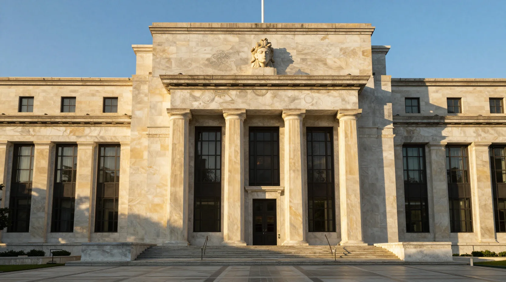 Federal Reserve building at golden hour with holographic data visualizations showing market consensus