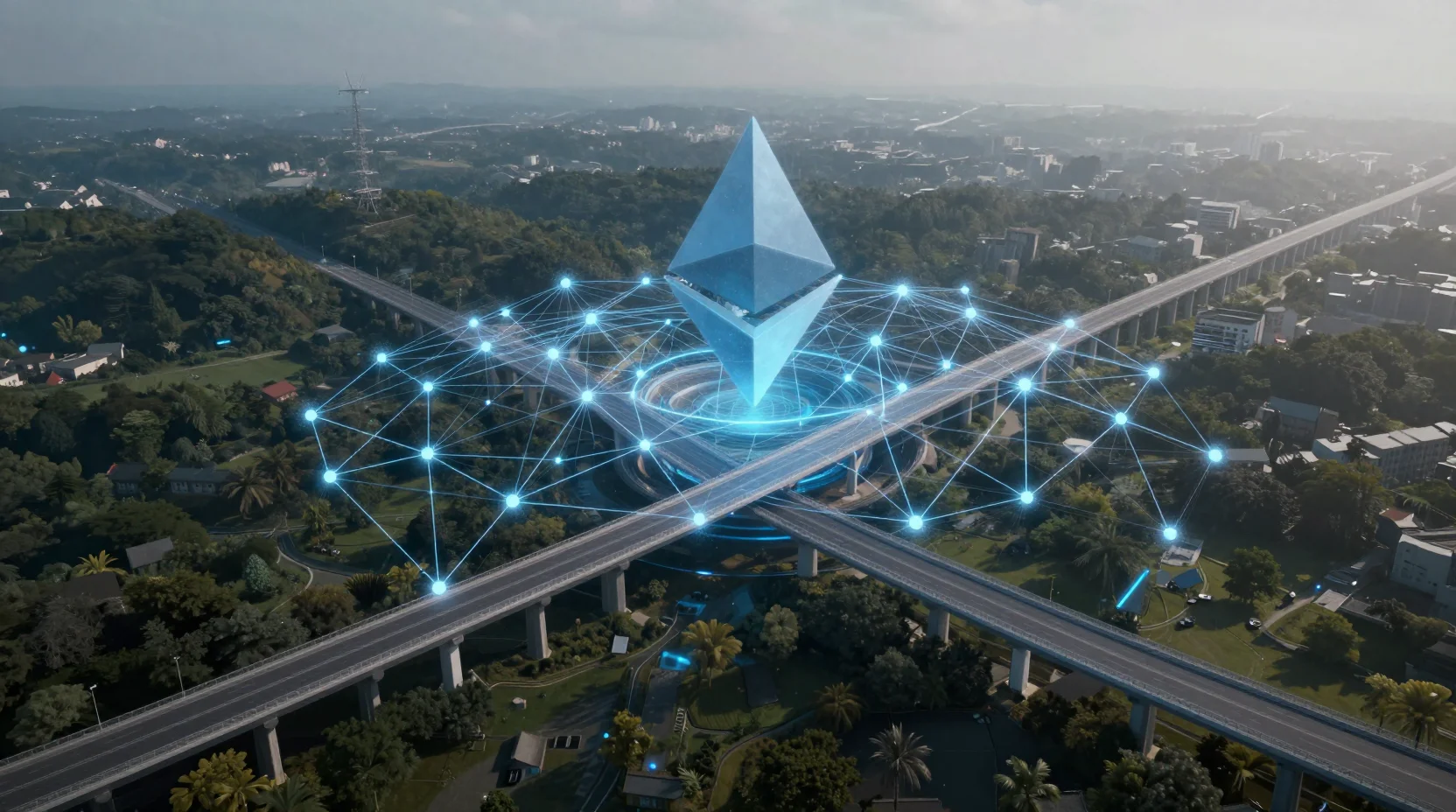 Ethereum Layer 2 network visualization showing interconnected nodes and bridges across a decentralized landscape