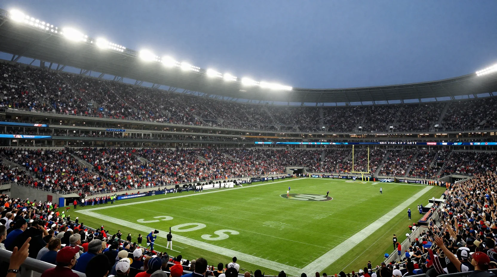 Dramatic NFC Championship stadium atmosphere at twilight