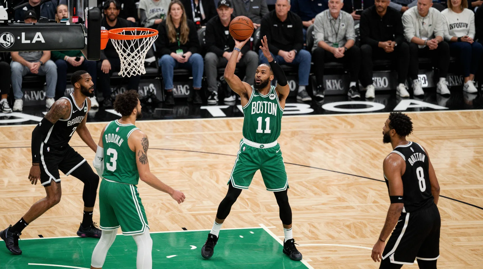 NBA game scene with Celtics and Nets players in action