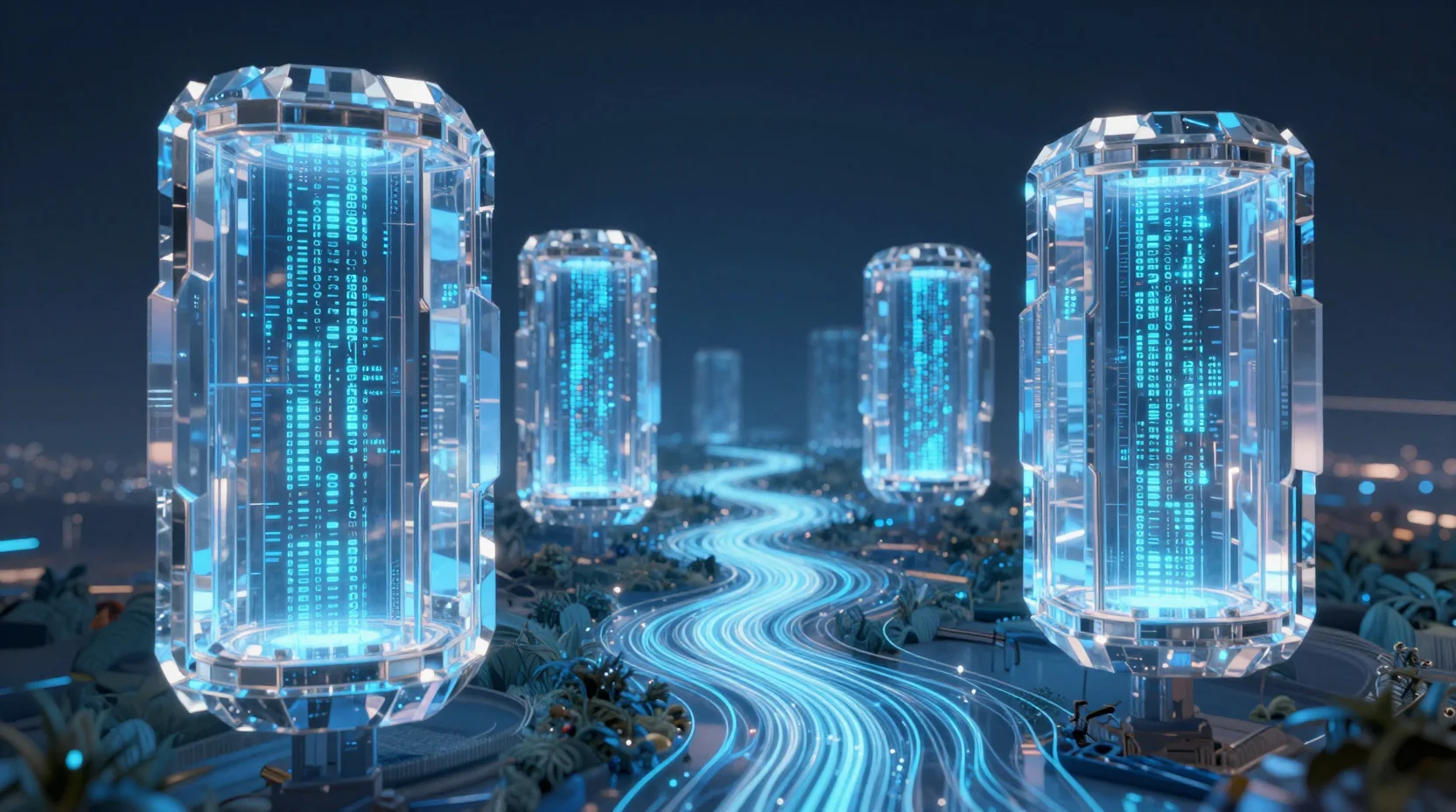 FHE technology visualization with crystalline data vaults and encrypted streams