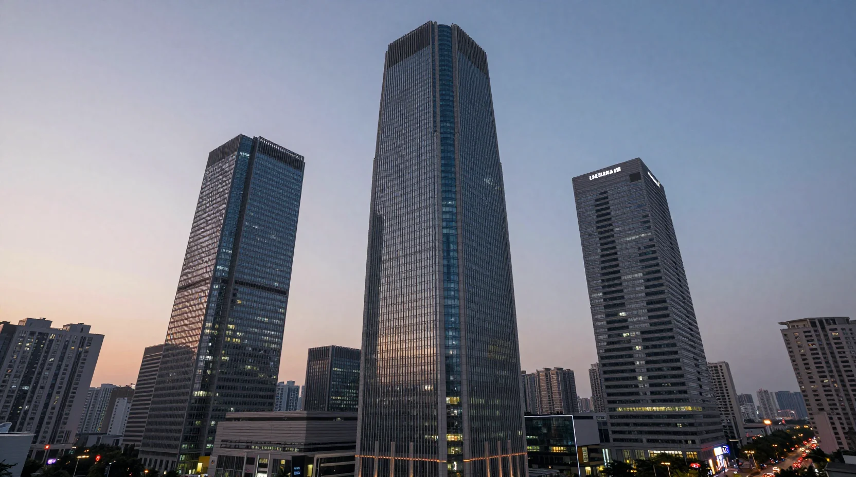 Visual representation of three corporate headquarters towers representing the market cap competition