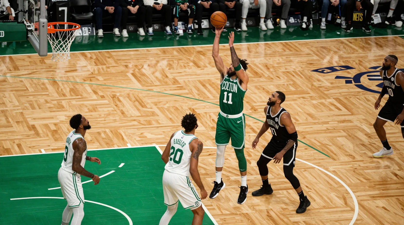 Dramatic NBA game scene showing intense basketball action between Celtics and Nets