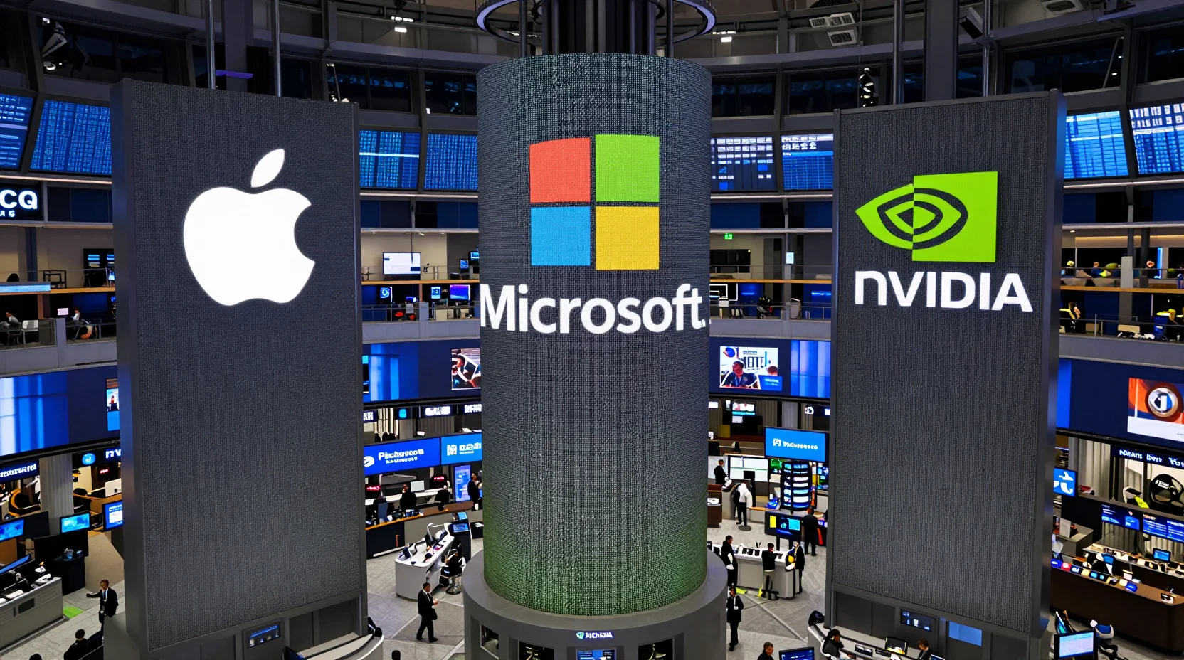 Visual representation of three technology companies competing for market cap leadership