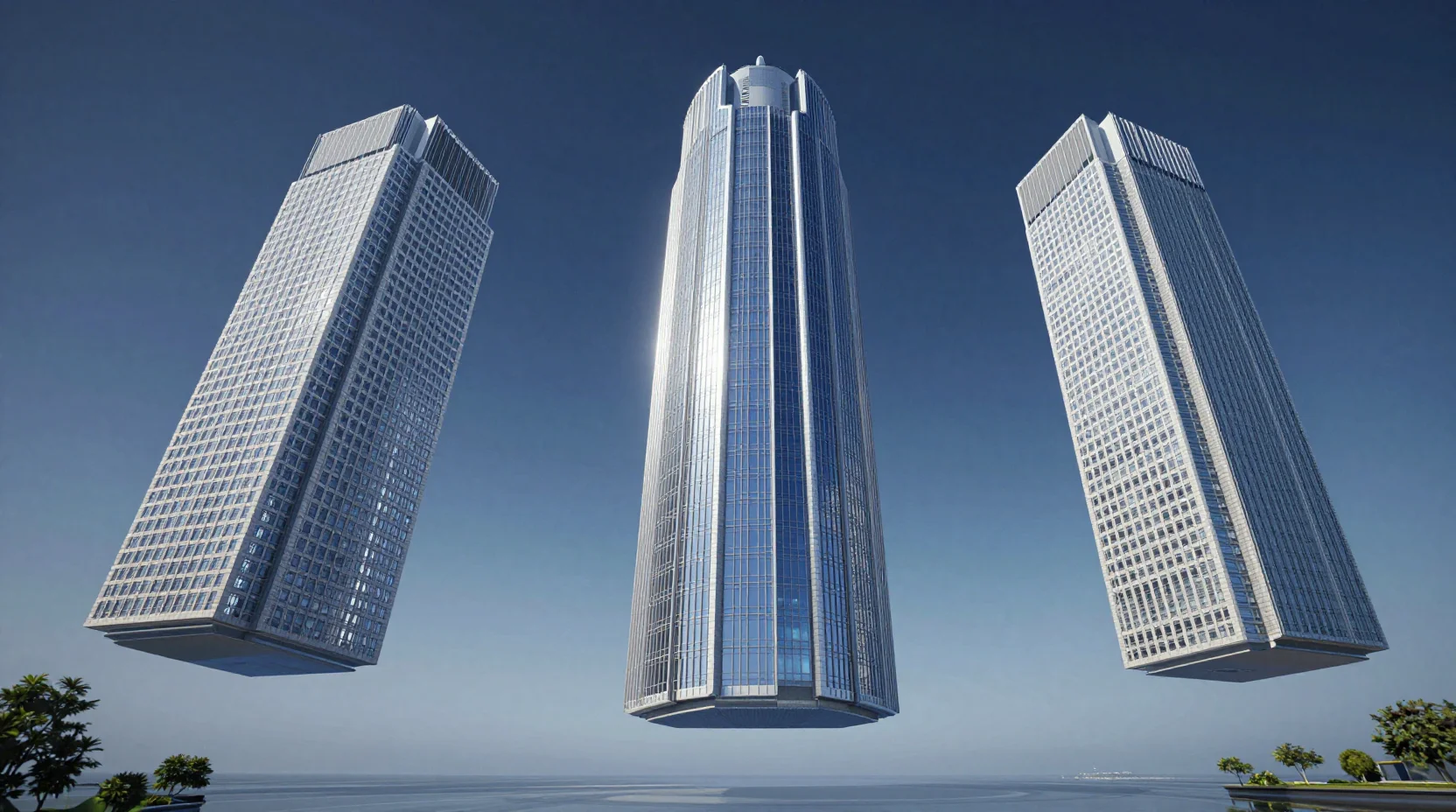 Three corporate towers representing Apple, Microsoft, and NVIDIA in a cosmic financial district