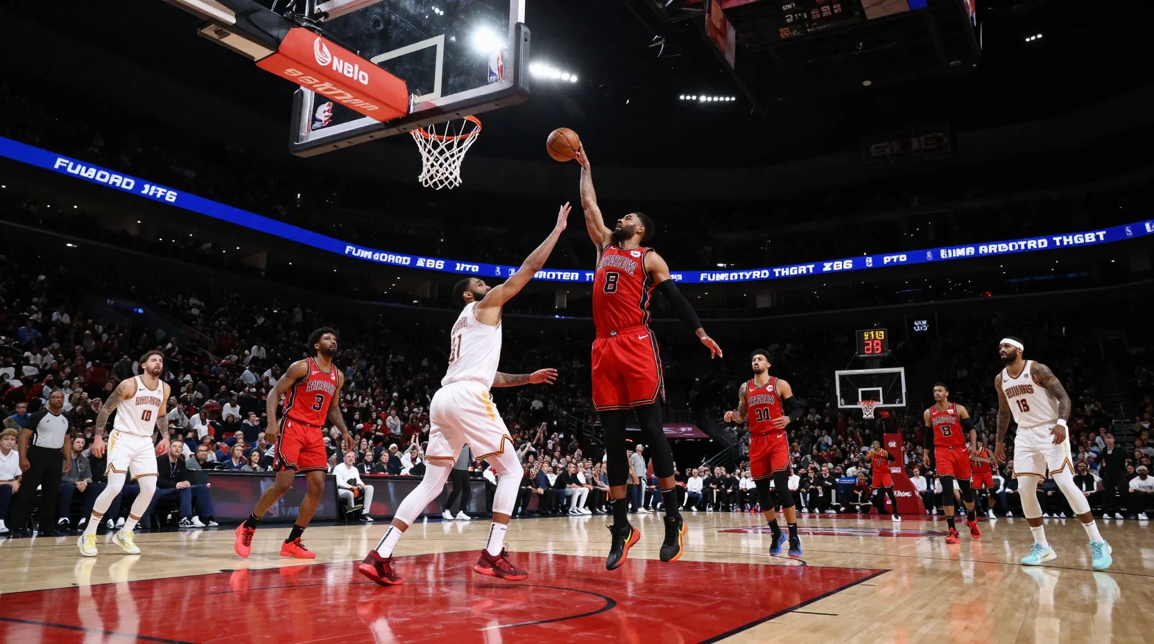 Dramatic NBA arena scene showing intense basketball game action