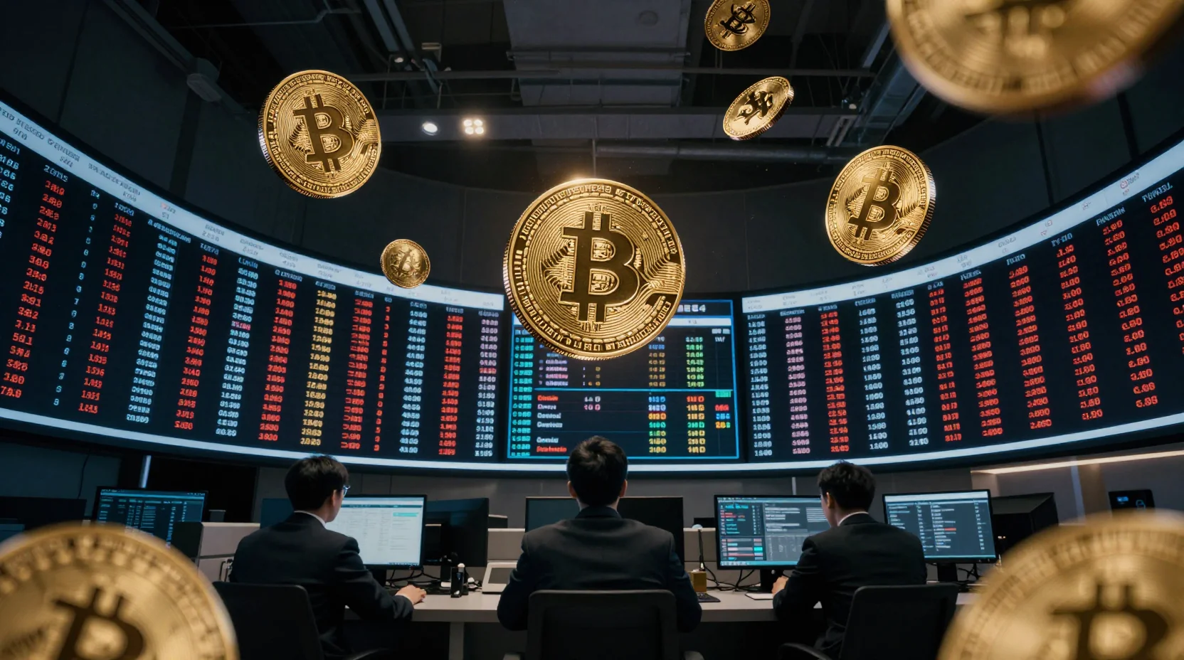 Cryptocurrency trading floor with BitGo stock screens showing decline