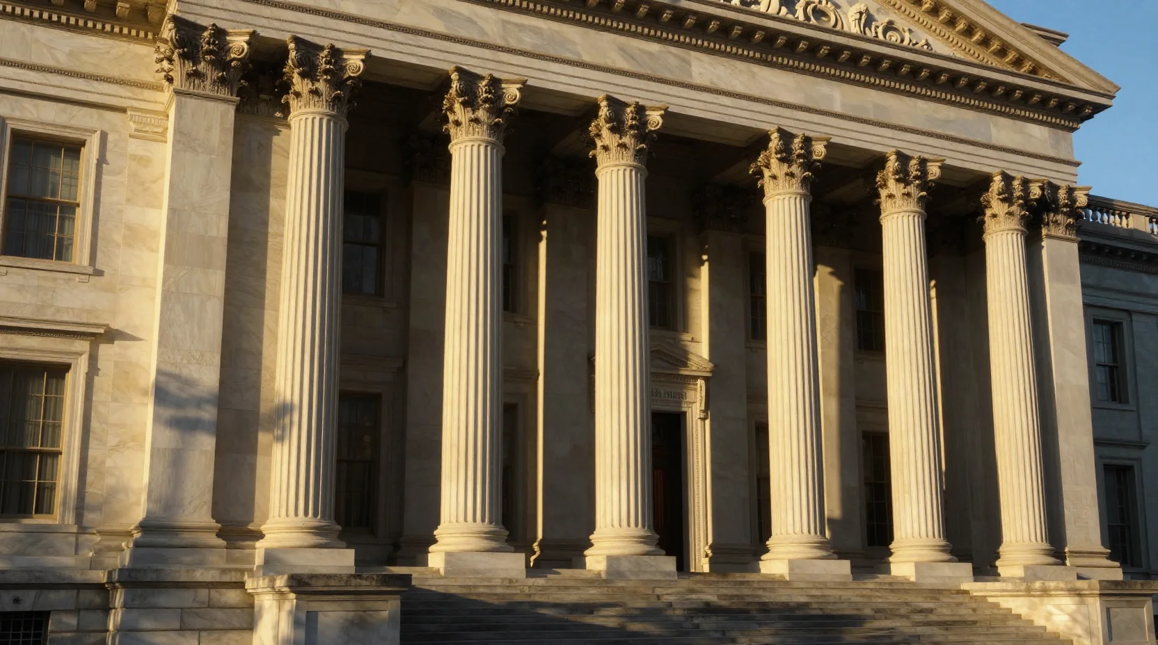 Federal Reserve building at golden hour representing institutional gravitas and economic anticipation