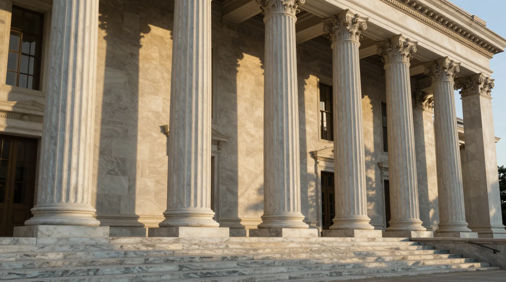 Government building at golden hour with blockchain elements and scales of justice