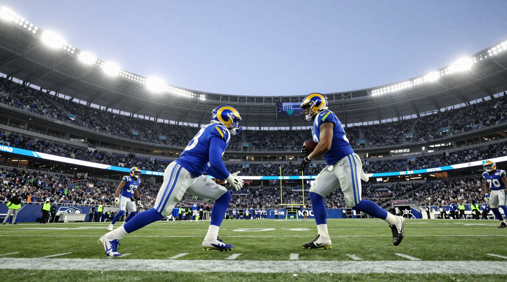 NFL Championship game scene with dramatic stadium atmosphere