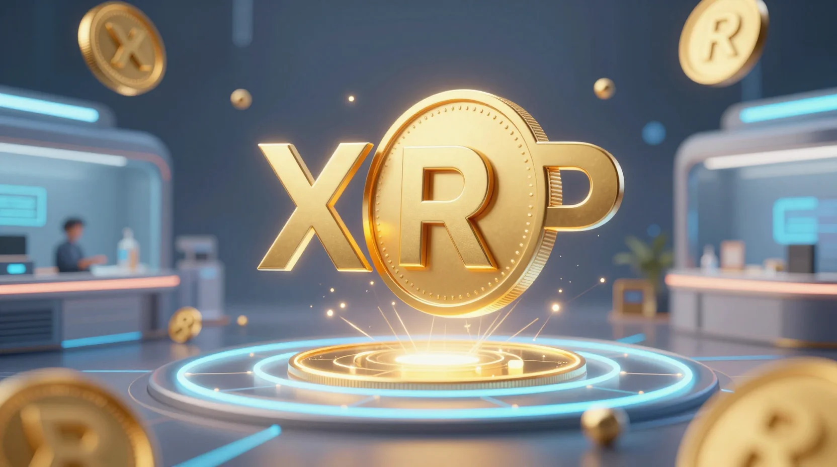 Futuristic digital marketplace with golden XRP tokens flowing through blockchain network