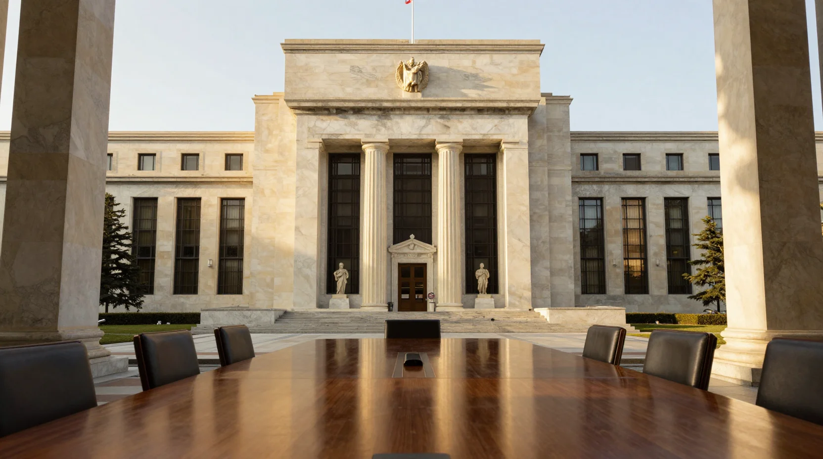 Federal Reserve boardroom in golden hour light