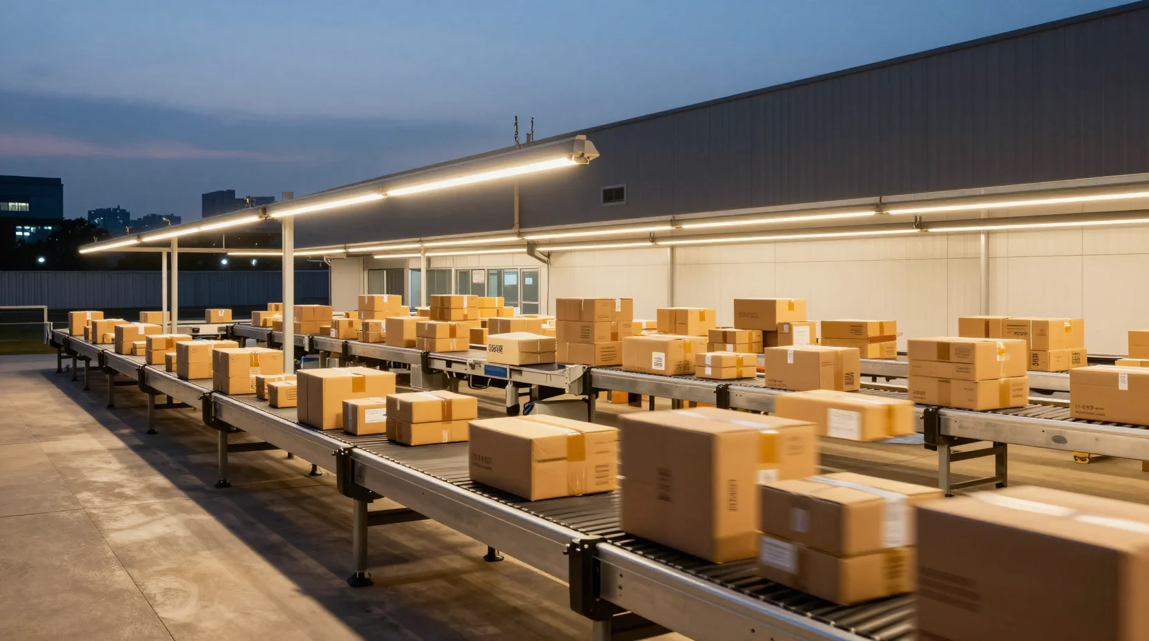 Modern e-commerce fulfillment center in Seoul at twilight