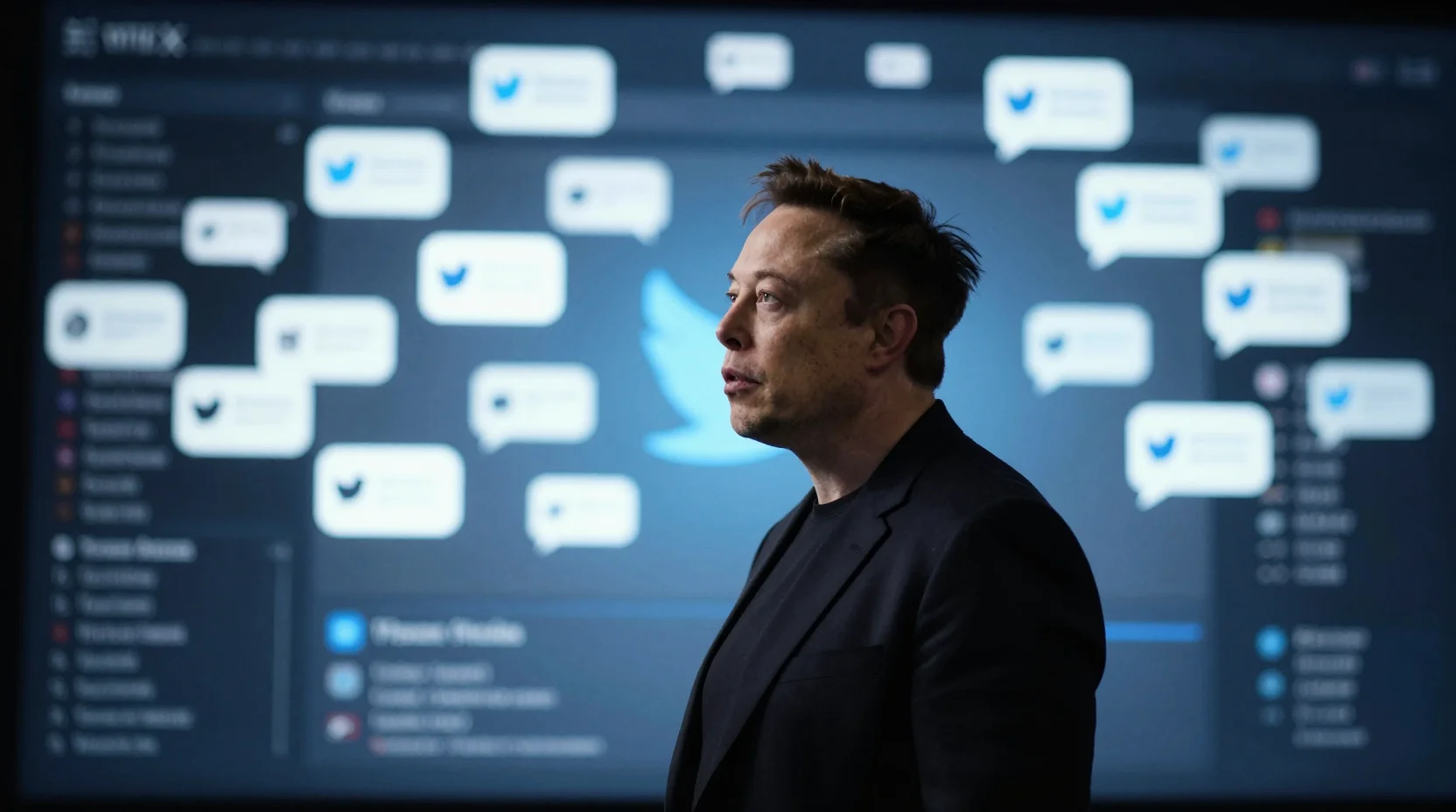 Elon Musk silhouetted against digital Twitter interface with glowing tweet bubbles