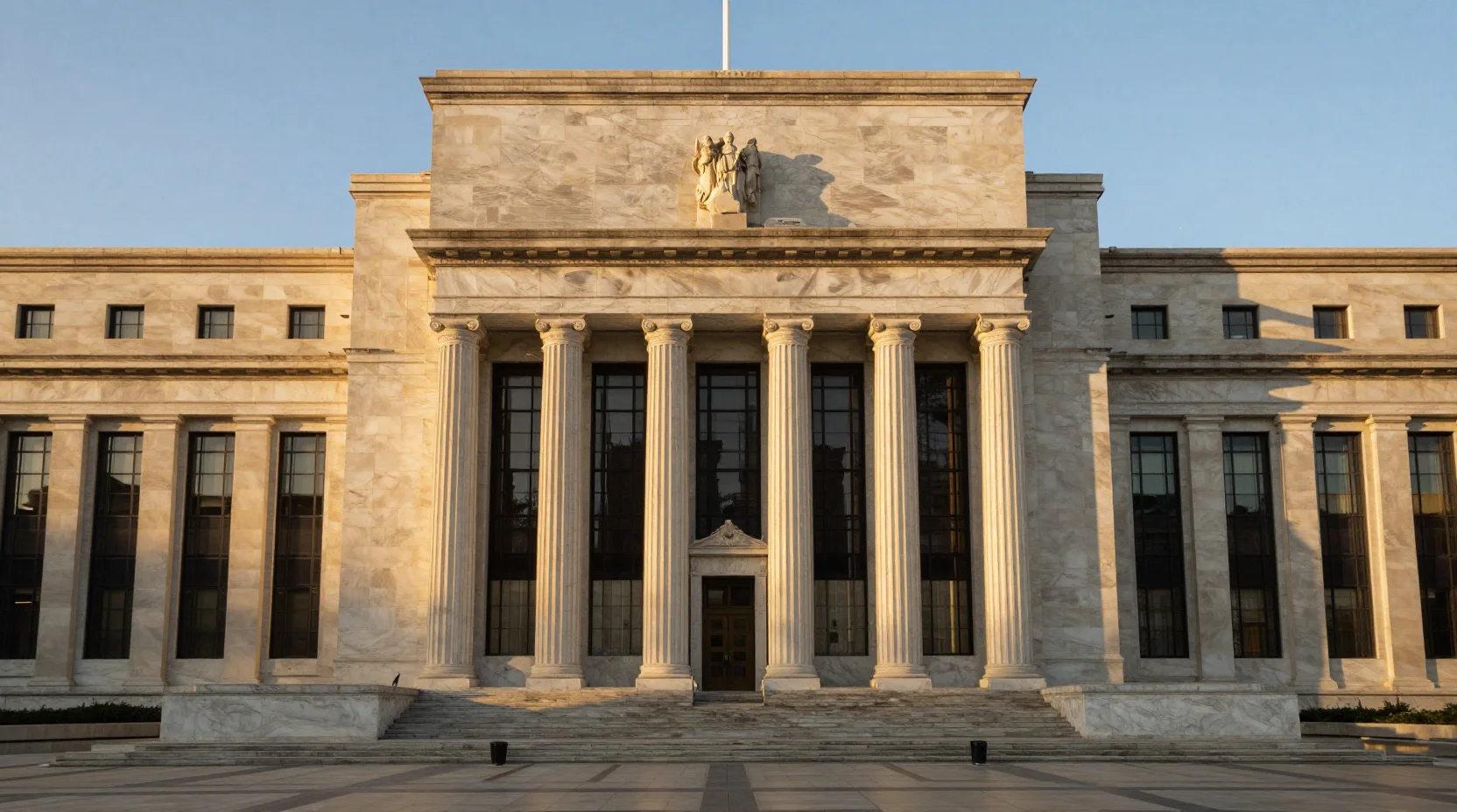 Federal Reserve building at twilight representing institutional stability