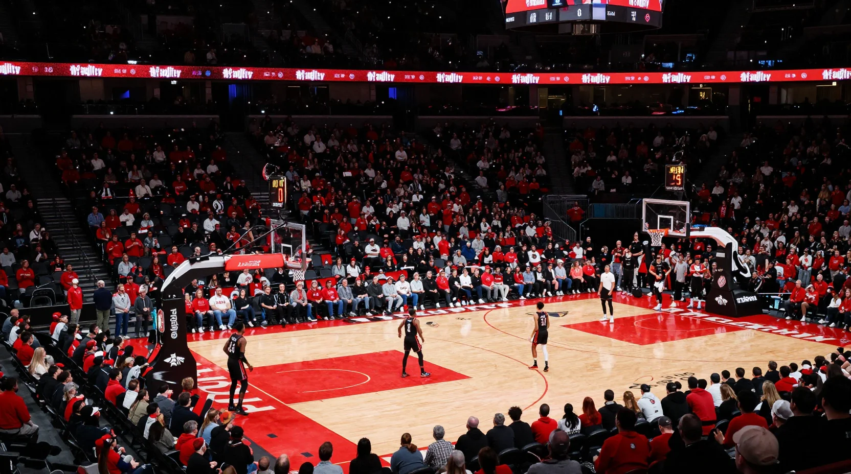Dramatic NBA arena scene showing the Trail Blazers' home court advantage