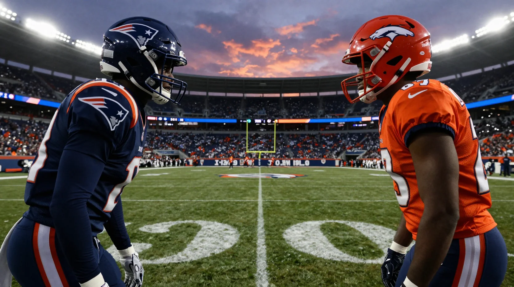 Dramatic NFL playoff stadium scene with two helmet silhouettes facing each other under floodlights at dusk