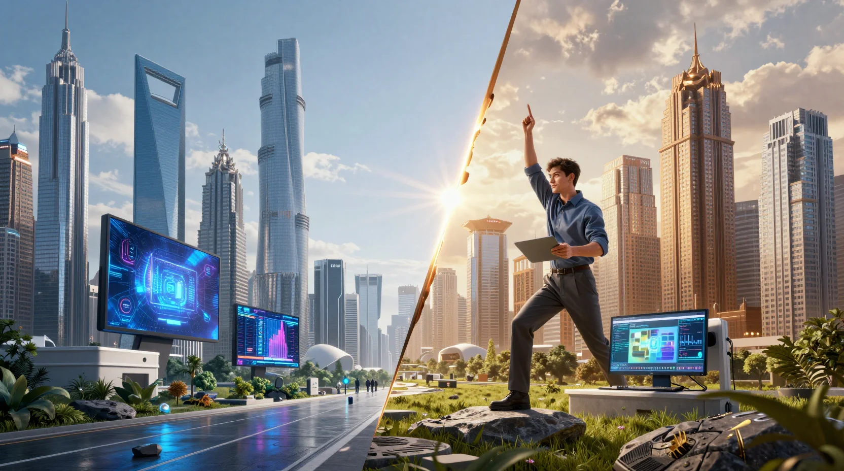 Dramatic split-screen visualization showing the competition between NVIDIA's technology innovation and Saudi Aramco's energy dominance