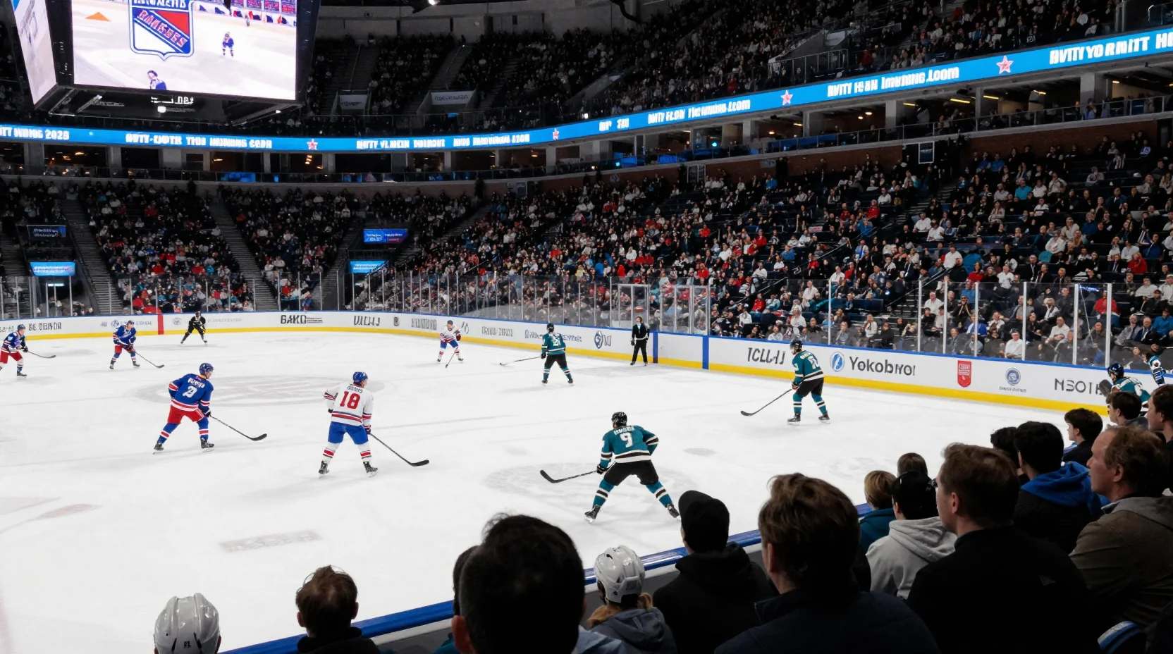 NHL hockey arena with Rangers and Sharks facing off