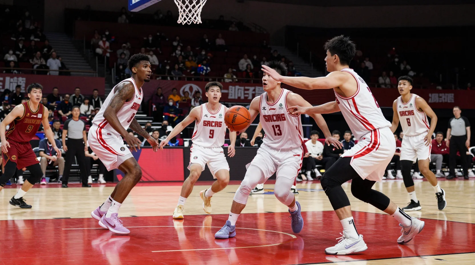 College basketball arena scene with intense game action