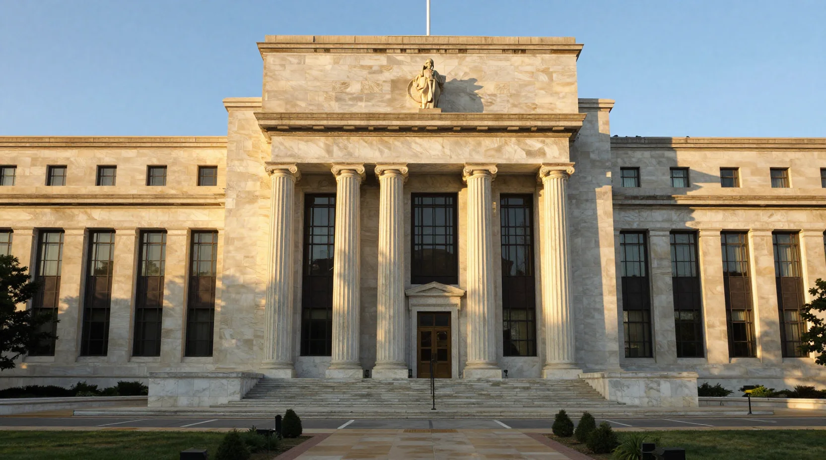 Federal Reserve building at dusk with symbolic scales representing monetary policy stability