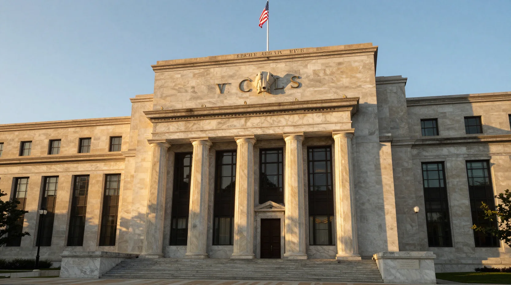 Federal Reserve Building at golden hour with digital data overlays