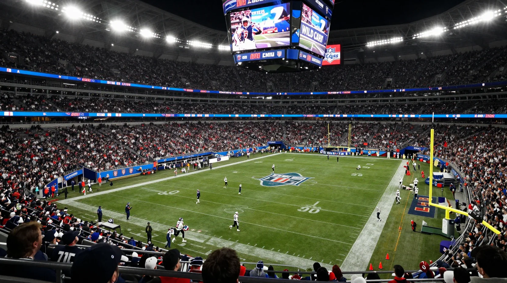Dramatic NFL Wild Card playoff stadium scene under bright lights with passionate crowd