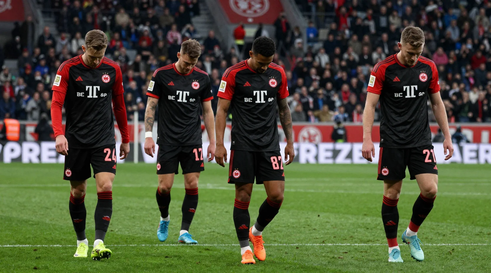Dramatic Bundesliga match scene showing Frankfurt's crisis versus Hoffenheim's stability