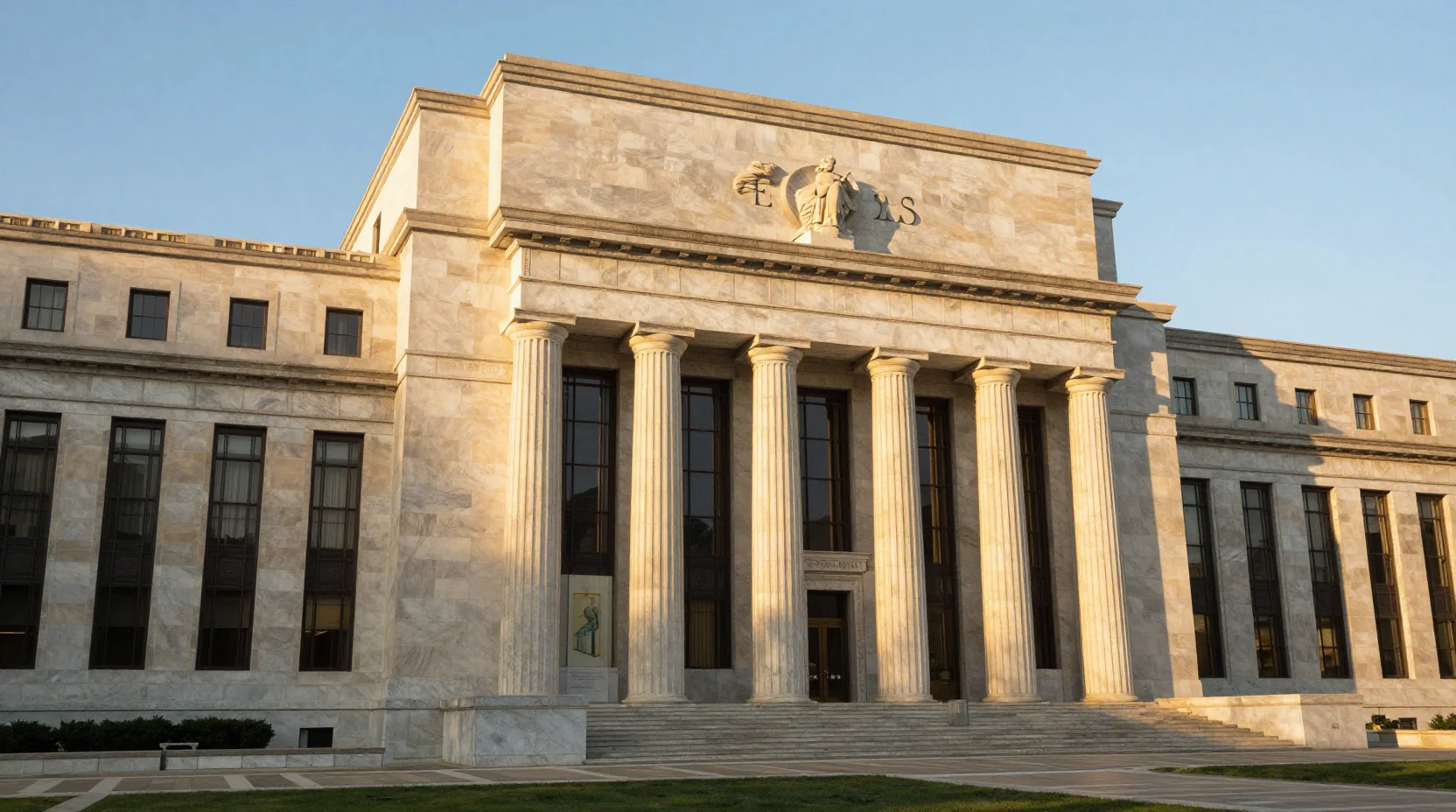 Federal Reserve Building at golden hour with balance scales representing monetary stability