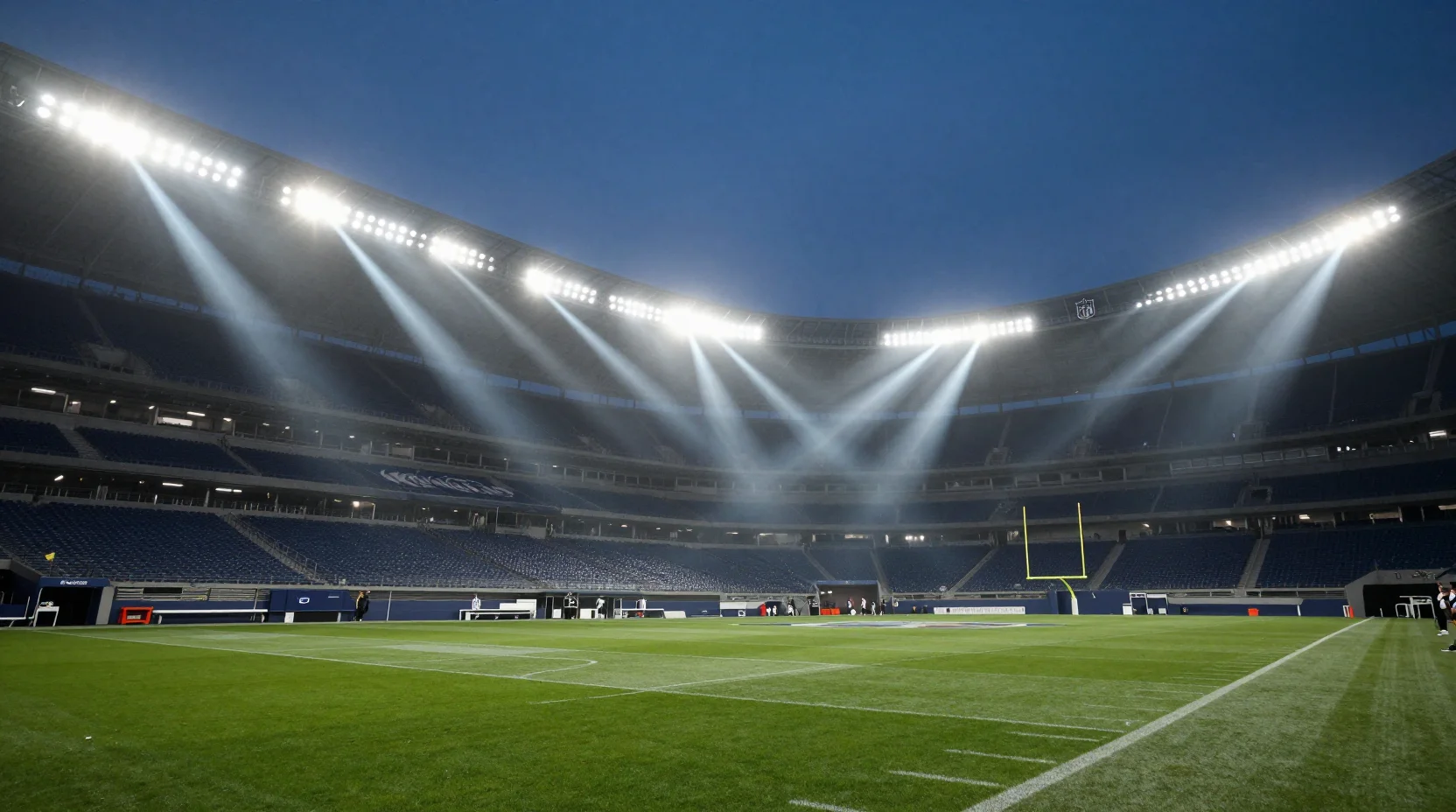 Dramatic nighttime NFL stadium scene with floodlights cutting through evening mist
