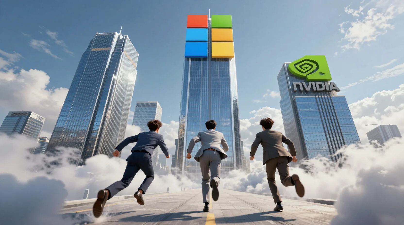 Three monumental corporate skyscrapers racing toward the finish line under a dramatic sky