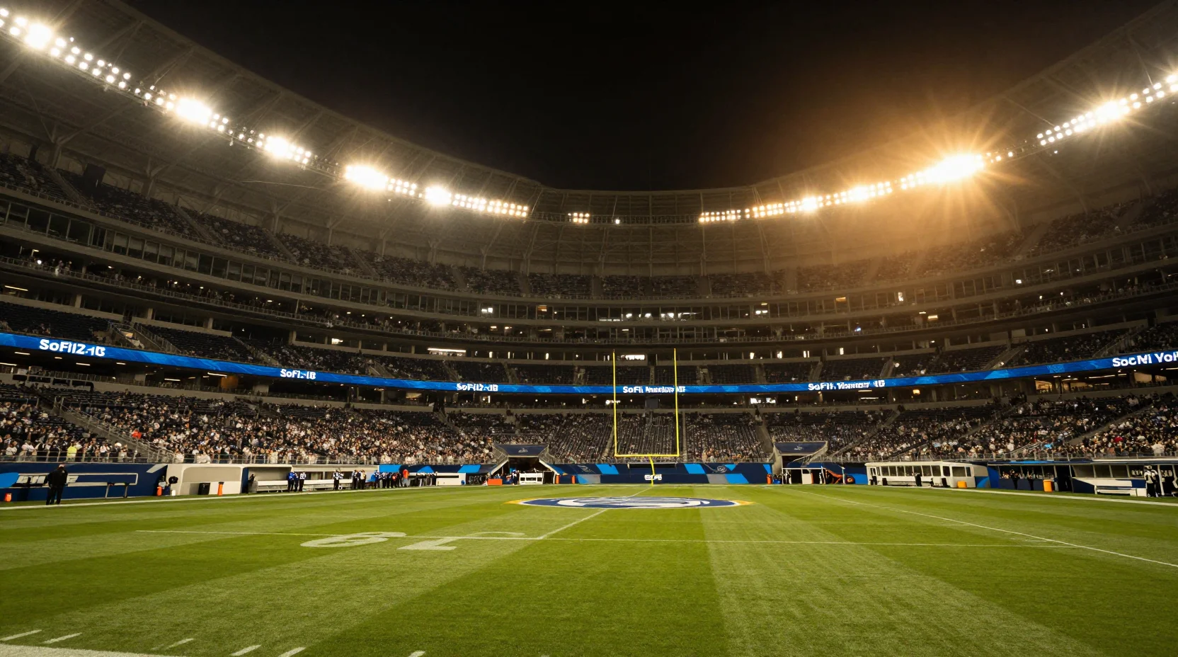 NFC Championship Game illustration showing SoFi Stadium with Rams and Seahawks helmets facing off