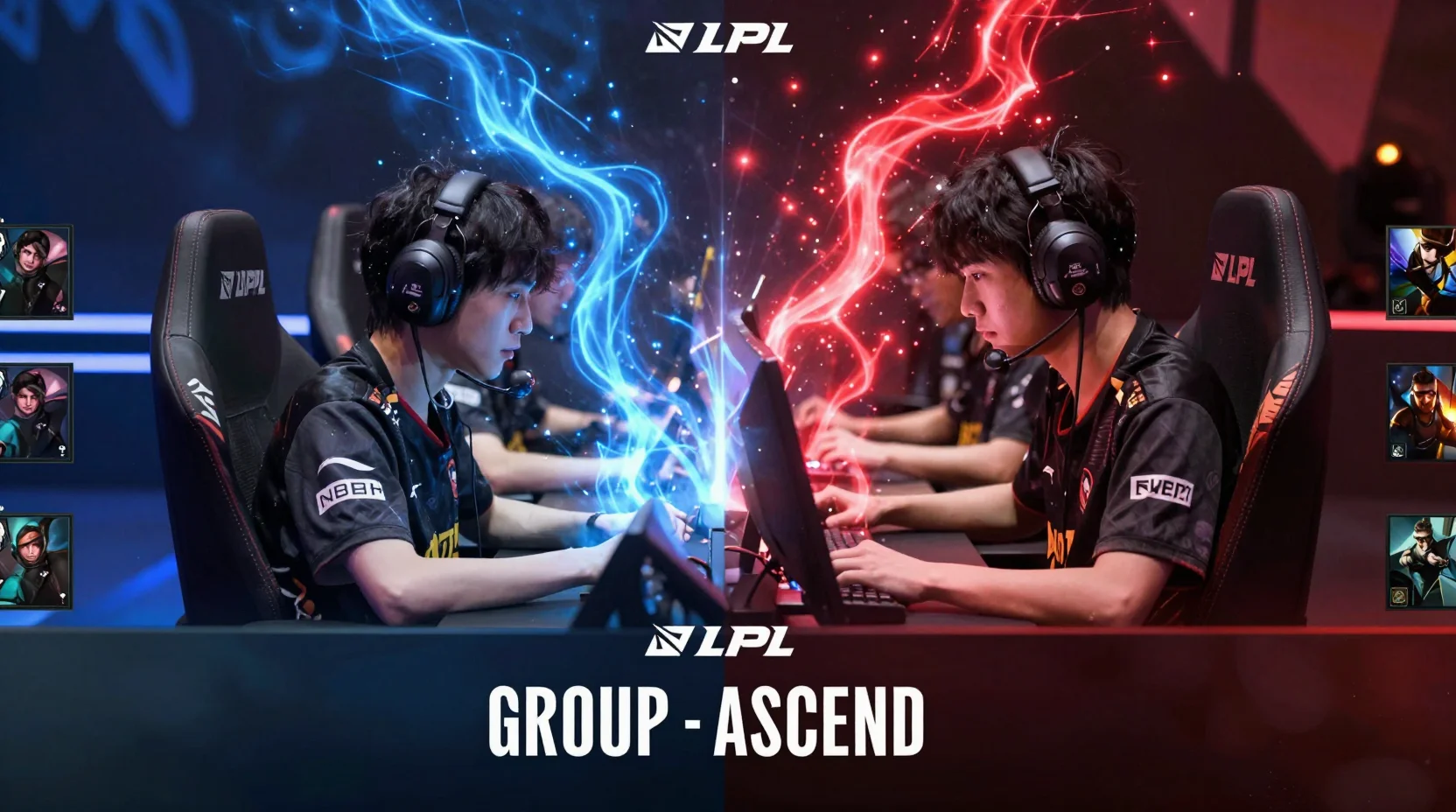 High-energy League of Legends esports arena scene during LPL Group Ascend match with dramatic team-colored lighting