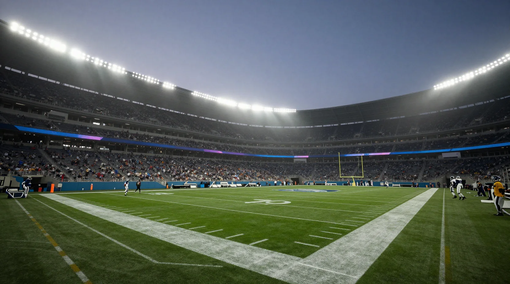Dramatic NFL stadium scene at twilight with floodlights illuminating the playoff gridiron