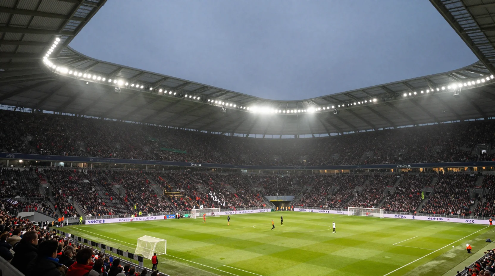Bundesliga football match scene at dusk with dramatic stadium atmosphere