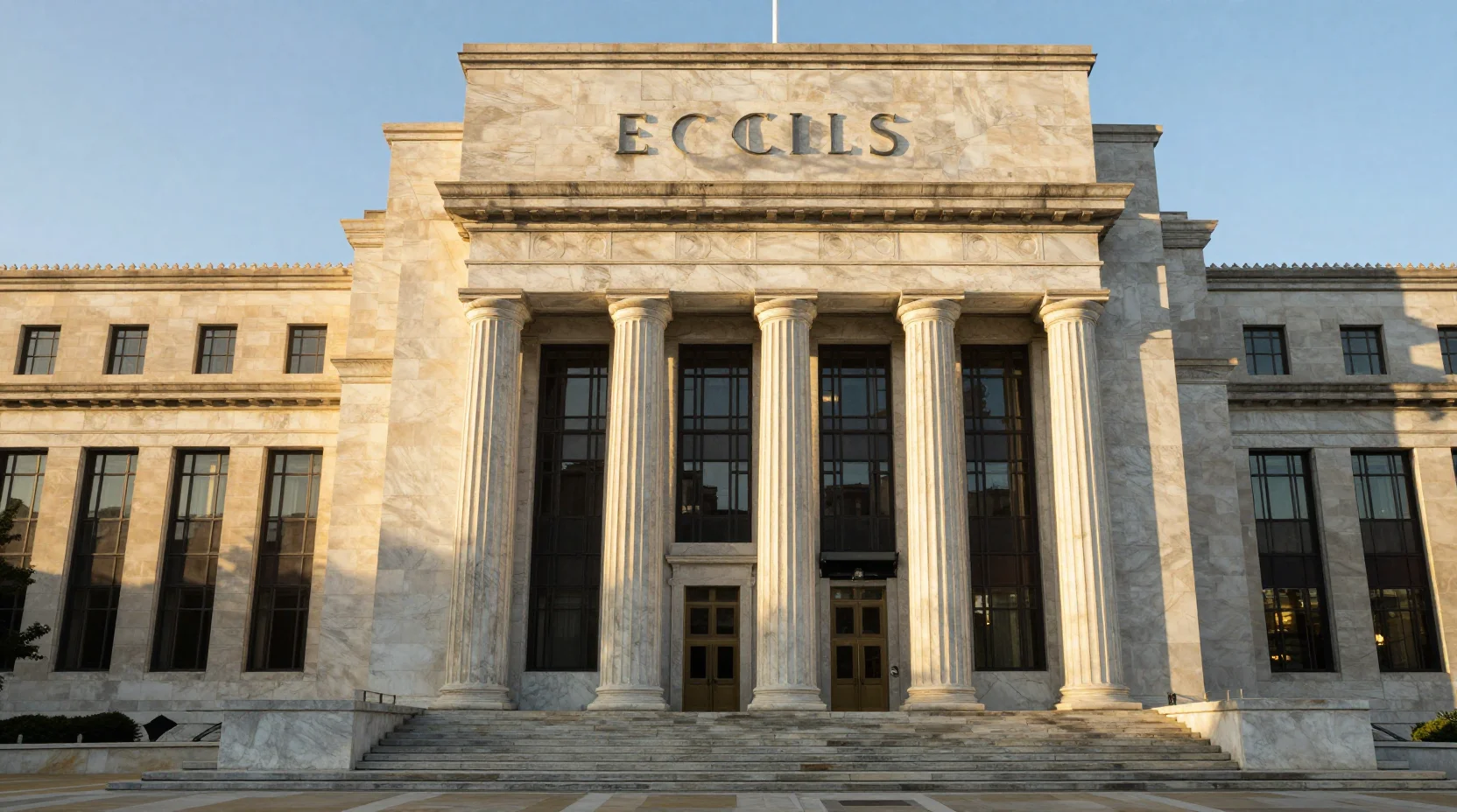 Federal Reserve building at golden hour with digital market data visualization