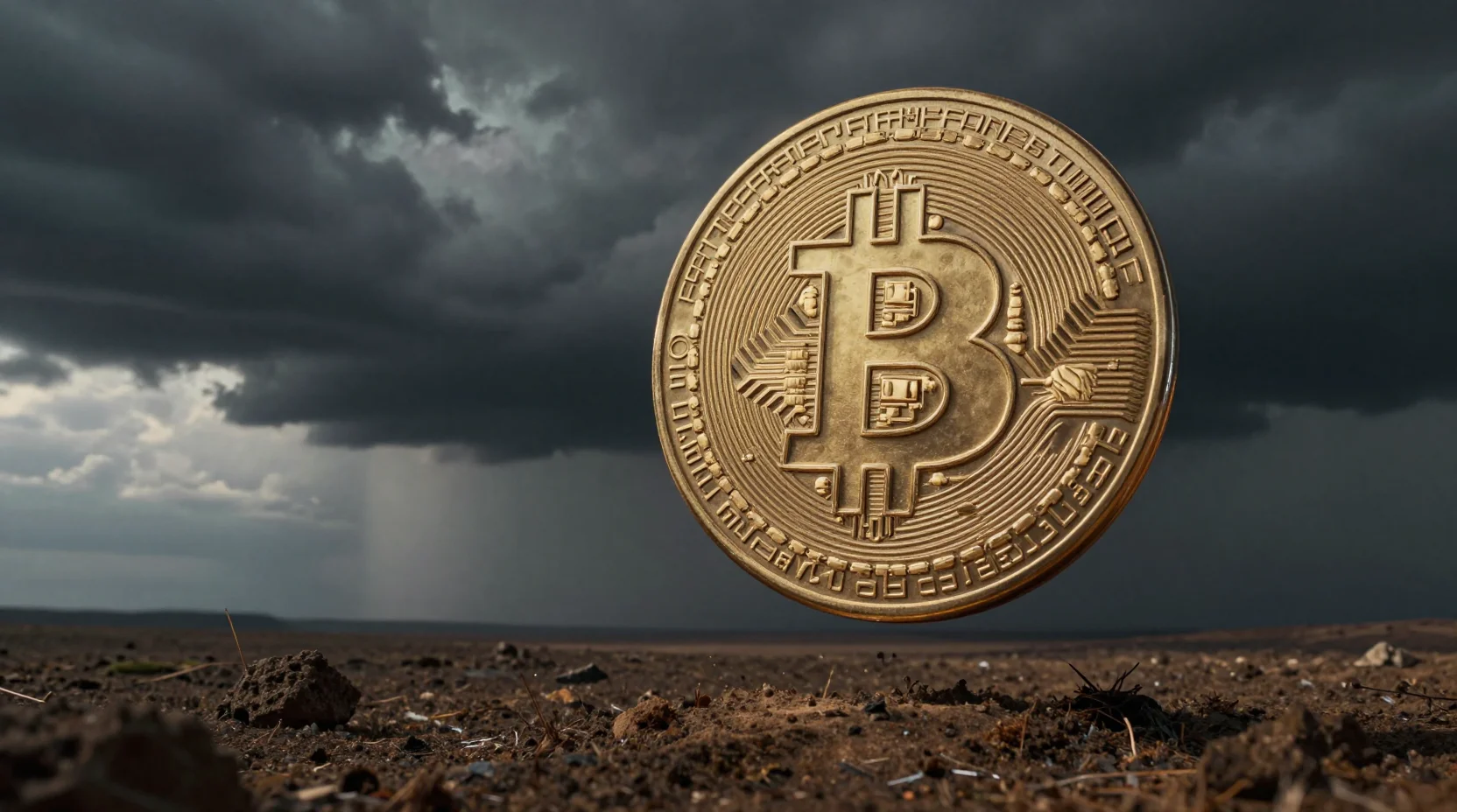 Bitcoin caught between storm clouds and breaking light - visual metaphor for market uncertainty