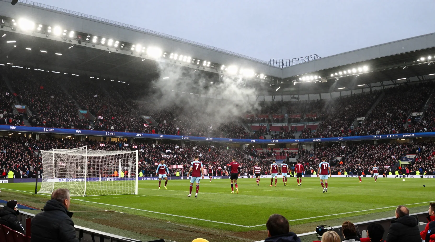 Dramatic FA Cup match moment with West Ham attacking under floodlights