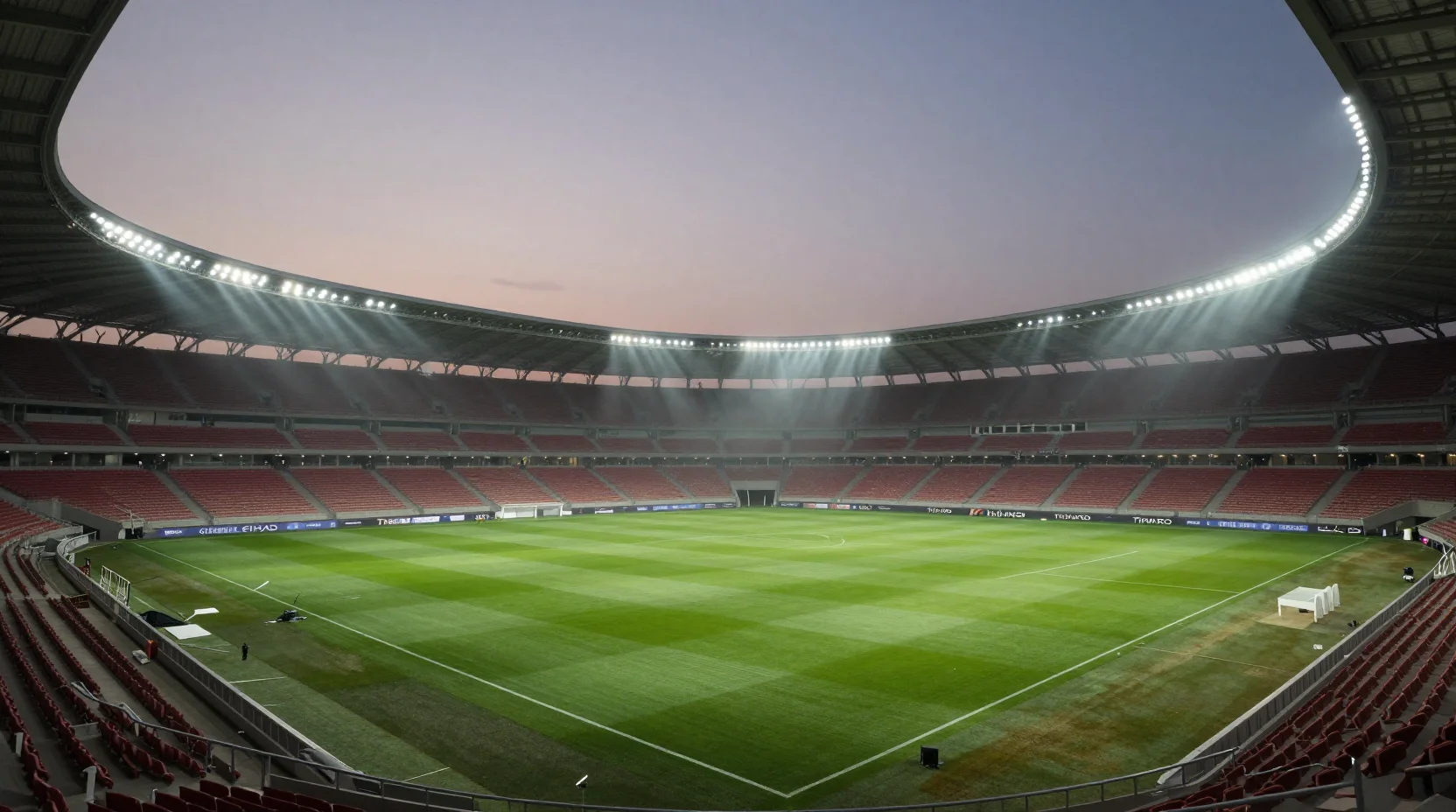 Dramatic wide shot of the Etihad Stadium at dusk with floodlights cutting through evening mist