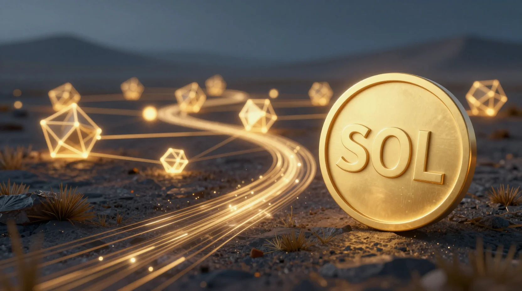 Digital landscape representing the Solana ecosystem with glowing blockchain nodes and network activity