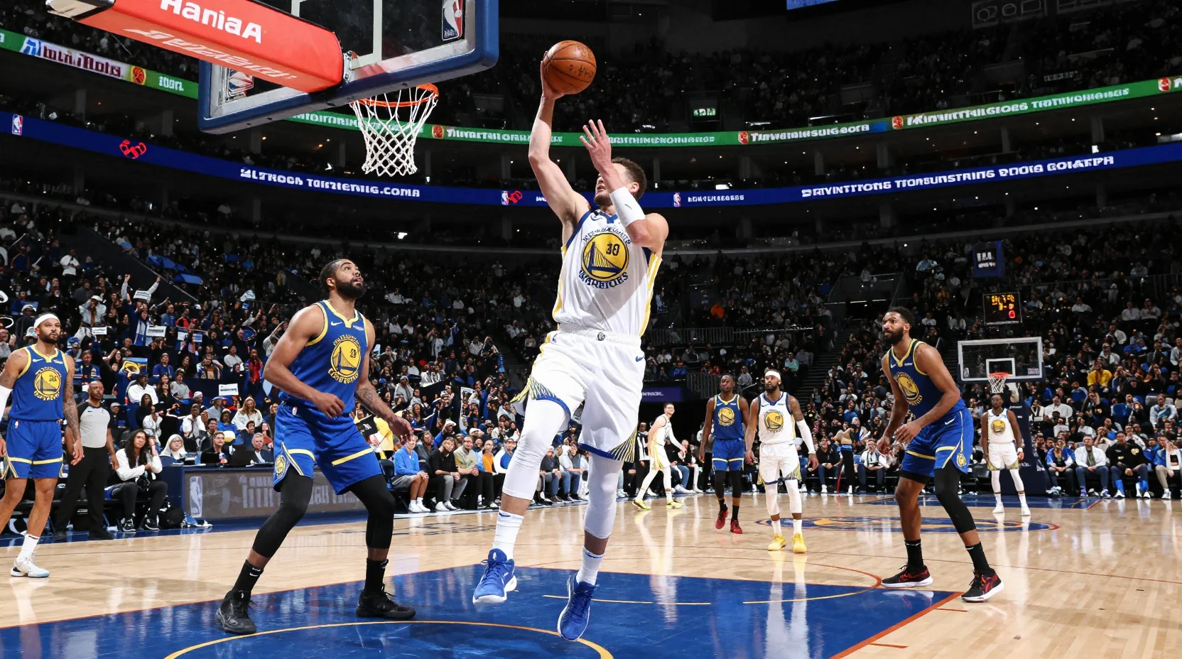 Intense NBA arena scene capturing Warriors-Timberwolves matchup energy